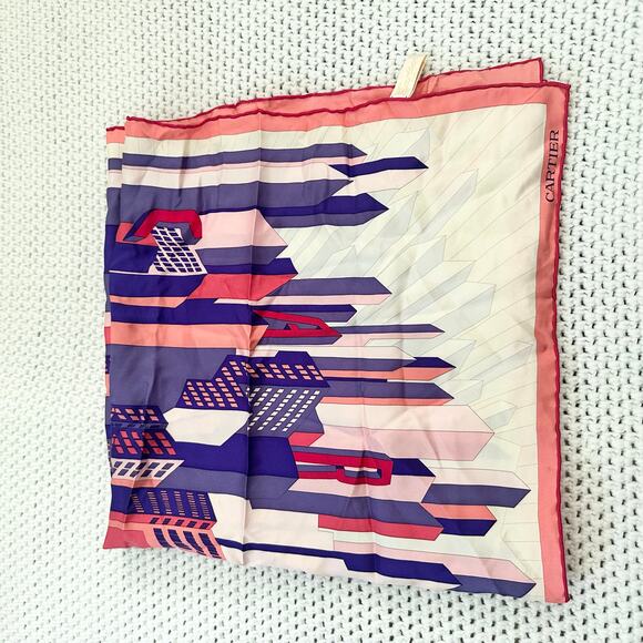 Cartier Pink Purple Ivory Geometric Skyline Cityscape Spellout Silk Square Scarf - Picture 12 of 12